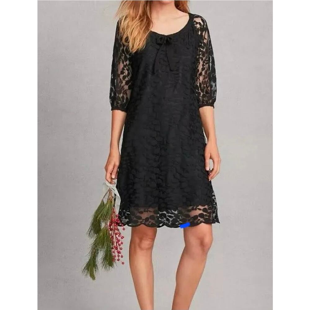 Garnet Hill Black Leaf Lace Shift Dress Womens Size 4 Sheer Sleeve Lined